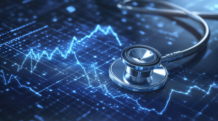 Medical insights: Stethoscope resting on a glowing data chart, symbolizing healthcare analytics and the intersection of medicine and technology.