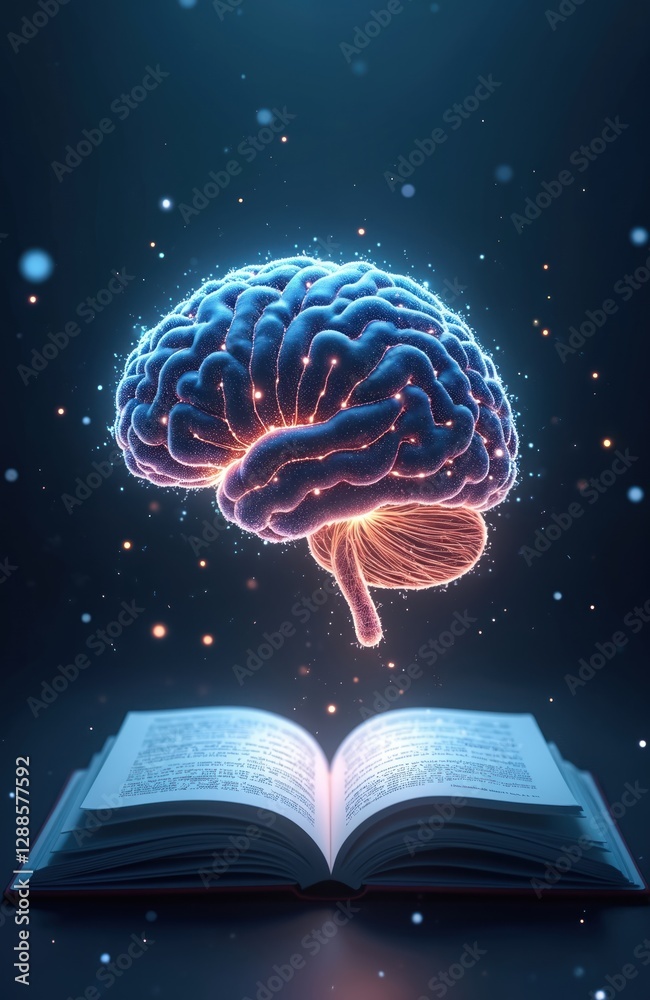 Fototapete illustration shows glowing brain above open book knowledge, cognition, machine learning, artificial 