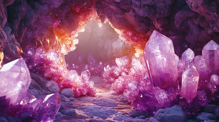 Crystal Cave Path with Amethyst Formations and Glowing Entrance