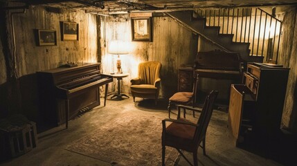 Cozy Vintage Basement with Piano and Armchair in Soft Lighting