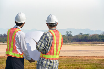 Construction engineers discuss plans for the construction of a natural tourist accommodation building.