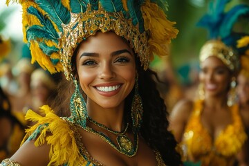 A dancer wearing a bright yellow and turquoise costume smiles widely while participating in a cultural festival. Background features fellow performers and greenery under clear skies. Generative AI