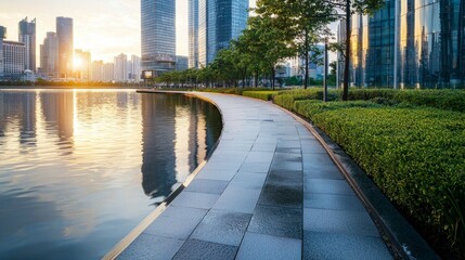 Serene Urban Waterfront Pathway During Golden Hour Light