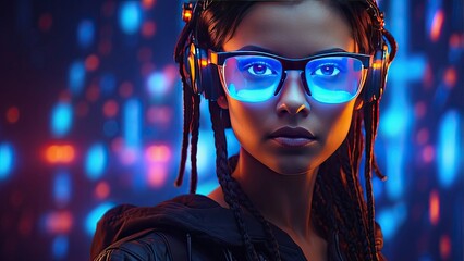 Close-up of a person wearing glasses, with multiple red and yellow data points reflecting in the lenses.