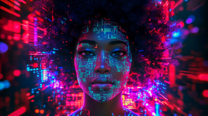 A beautiful African woman with an afro made of circuit boards and neon lights