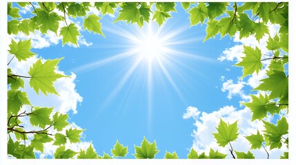 Bright Sunny Day with Green Leaves and Blue Sky