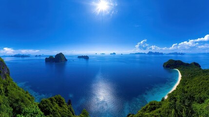 A serene view of a vast blue ocean under a bright sun, surrounded by lush green islands.