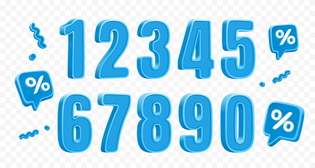 Blue numbers, volumetric symbols, set of numbers for sale. Vector illustration 