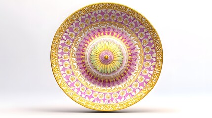 Fototapeta premium A Stunning Ornamental Plate with Gold and Pink Accents Featuring a Large Green Floral Center and Roman Numerals