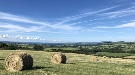 Fototapeta premium Rolling Hay Bales Under Azure Sky: A picturesque rural landscape showcasing three circular hay bales resting in a sprawling field, set against a vast backdrop of rolling hills and a vibrant azure sky.