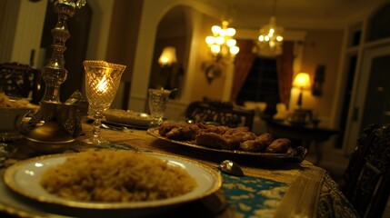 Fototapeta premium Elegant dinner party, mansion dining room, golden tableware, candlelight ambiance, food served