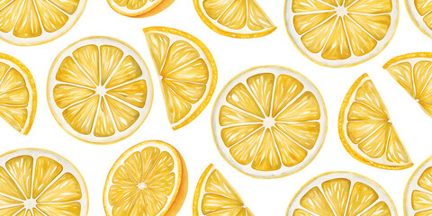 Obraz premium Zesty Citrus Slice Seamless Pattern : A vibrant, mouthwatering arrangement of freshly sliced lemons, presented in a captivating pattern, inviting viewers to savor the simple pleasures of life.