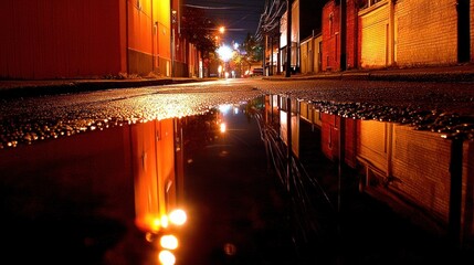 Obraz premium Night city alley reflection puddle urban street scene