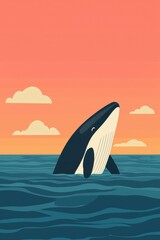 Fototapeta premium whale, ocean, vector, spouting water, sleek design. A serene scene a whale breaching the surface against a vibrant sunset.