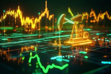 An illuminated oil drilling rig sits amidst vibrant digital graphs and charts, showcasing fluctuating market trends and energy statistics in a modern financial setting. Generative AI