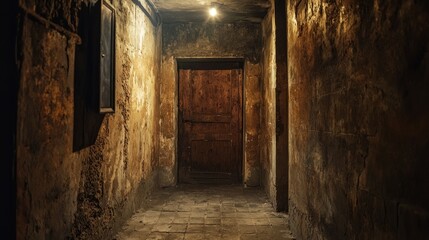 Dark and Mysterious Corridor with Weathered Walls and Wooden Door