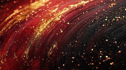 Obraz premium Abstract close-up of swirling red and black paint with golden glitter, creating a vibrant artistic texture