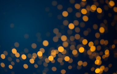 Abstract dark blue and gold particle background with Christmas golden light bokeh, shining particles on navy blue