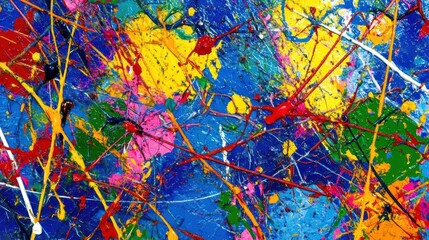 Colorful paint splatters on blue canvas, action background, art texture