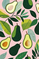 Obraz premium Vibrant pink banner displaying green avocado pattern with leaves.