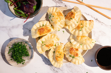 Fried dumplings garnished with green onions, Chinese food.
