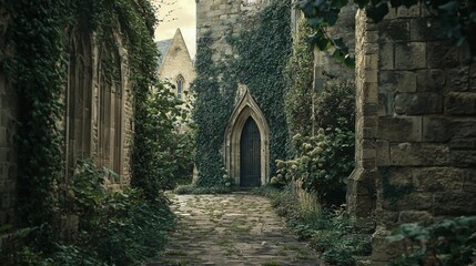 Serene Overgrown Pathway in Historic Stone Village Ruins