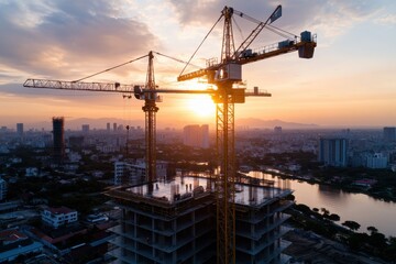 A construction crane silhouetted against a stunning sunset reflects the city's modern skyline, capturing the interplay of light and industry in urban development.