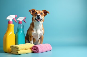Fototapeta na wymiar Happy dog sitting near cleaning spray bottles, towels. Pet care spring cleaning concept, household chores. Cute animal posing in studio on blue background. Design for banner with copy space.