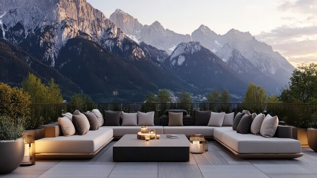 A chic rooftop terrace in a mountain resort, featuring contemporary furniture, and offering panoramic views of the surrounding mountain peaks.
