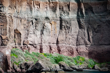 Tourism and travel destination, Greece. Geology background. Volcanic rock nature. Rock formation with erosion. Landscape with rock formation. Nature formation. Geological rock formation