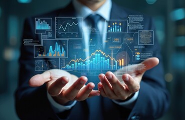 Businessman presents data-driven graphs, charts, diagrams on open palms. Big data analytics, BI management. Concept of informed business strategy, processing info, intelligence, tech insight for