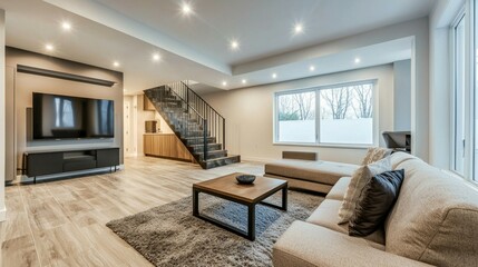 Modern Minimalist Living Room with Cozy Sofa and Bright Interiors