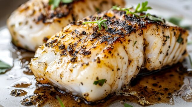 Charcoal-grilled monkfish with a tender white interior, smoky char, and a fresh herbal topping, no background. --chaos 20 --ar 16:9 --quality 2 --v 6.1 Job ID: 535050f1-96d6-41bd-bc2c-801c3026bc9e