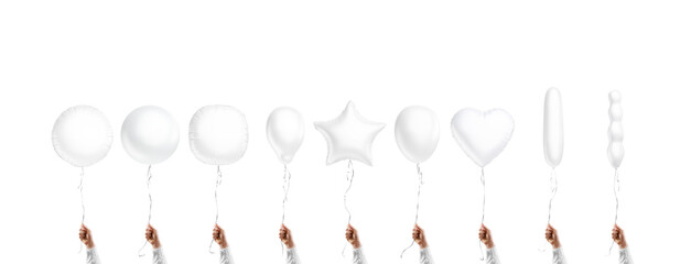Hand holding blank white balloon mockup, different types © Alexandr Bognat