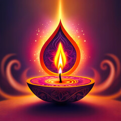Fototapeta premium Vibrant Diya lamp with a multicolored flame glowing on a decorative background, symbolizing the festival of lights and spiritual celebration