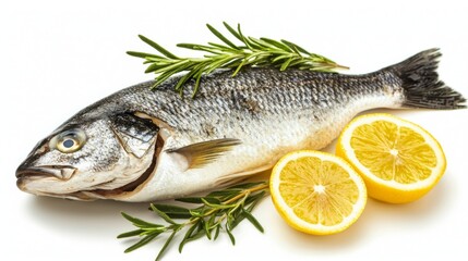 Elegant presentation of steamed sea bass with lemon and rosemary, isolated on white --chaos 20 --ar 16:9 --quality 2 --v 6.1 Job ID: 63431b3b-78d3-45c9-8a7f-22e9a074d313