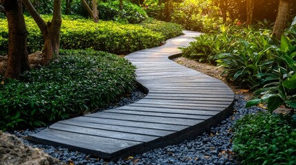 Obraz premium Serene Curved Pathway Through Lush Greenery in a Tranquil Garden