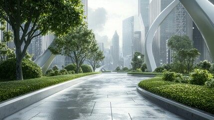 Serene Urban Landscape with Lush Greenery and Modern Architecture