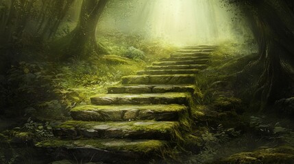 Obraz premium Serene Stone Steps in Enchanted Forest Bathed in Soft Light