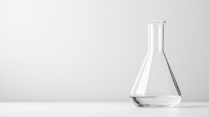 Empty Erlenmeyer flask on lab table, white background. Science research