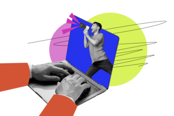 Photo cartoon comics sketch collage picture of excited guy shouting toa inside modern device isolated graphical background