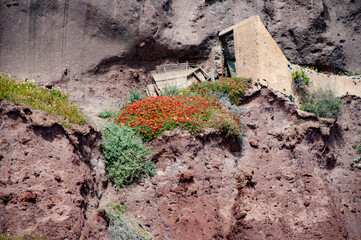 Rock formation with erosion. Landscape with rock formation. Nature formation. Geological rock formation. Tourism and travel destination, Greece. Geology. Volcanic rock nature. Volcanic landscape