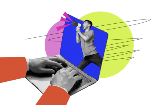 Photo cartoon comics sketch collage picture of excited guy shouting toa inside modern device isolated graphical background