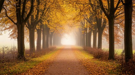 Naklejka premium Tranquil Autumn Pathway Surrounded by Golden Leaves and Mist