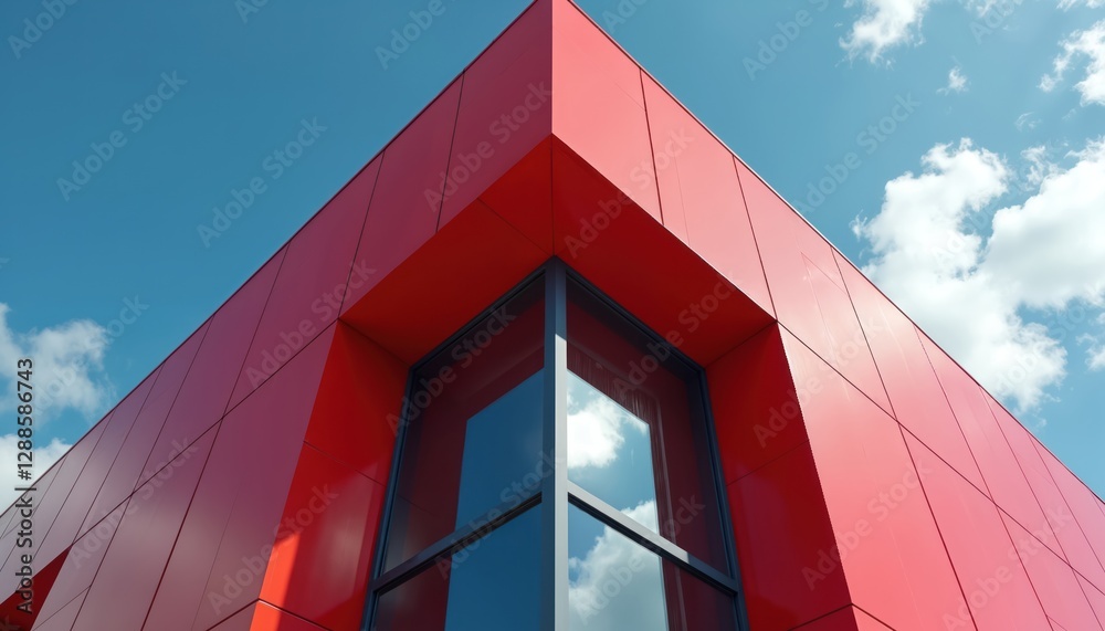 Poster low angle view of red modern building against blue sky with white clouds. large windows reflect sky.