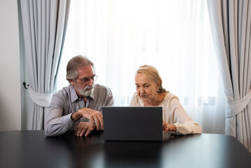 Happy Caucasian 70s mature couple using laptop at home. Old people using computer at home. Senior man and woman surfing the web on a wireless laptop connection. Modern retired lifestyle people.