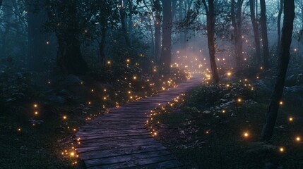 Fototapeta premium Enchanted Forest Path with Glowing Lights in Mystical Atmosphere