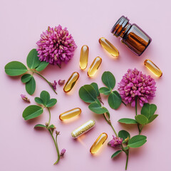 Natural supplements with red clover and softgel capsules on pink background 