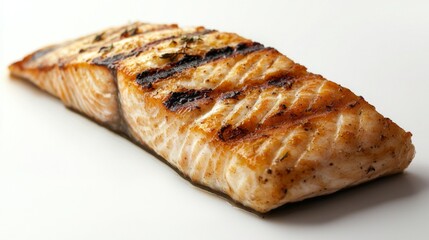 Side view of a grilled fish fillet, with crispy golden skin and charred edges, isolated on a white backdrop. --chaos 20 --ar 16:9 --quality 2 --v 6.1 Job ID: ff8f97b1-6e90-4699-816e-2e1d3e02091b