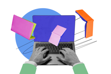 Composite trend artwork sketch image 3D collage of huge laptop blue screen device hand hacker specialist hold on keyboard attack software